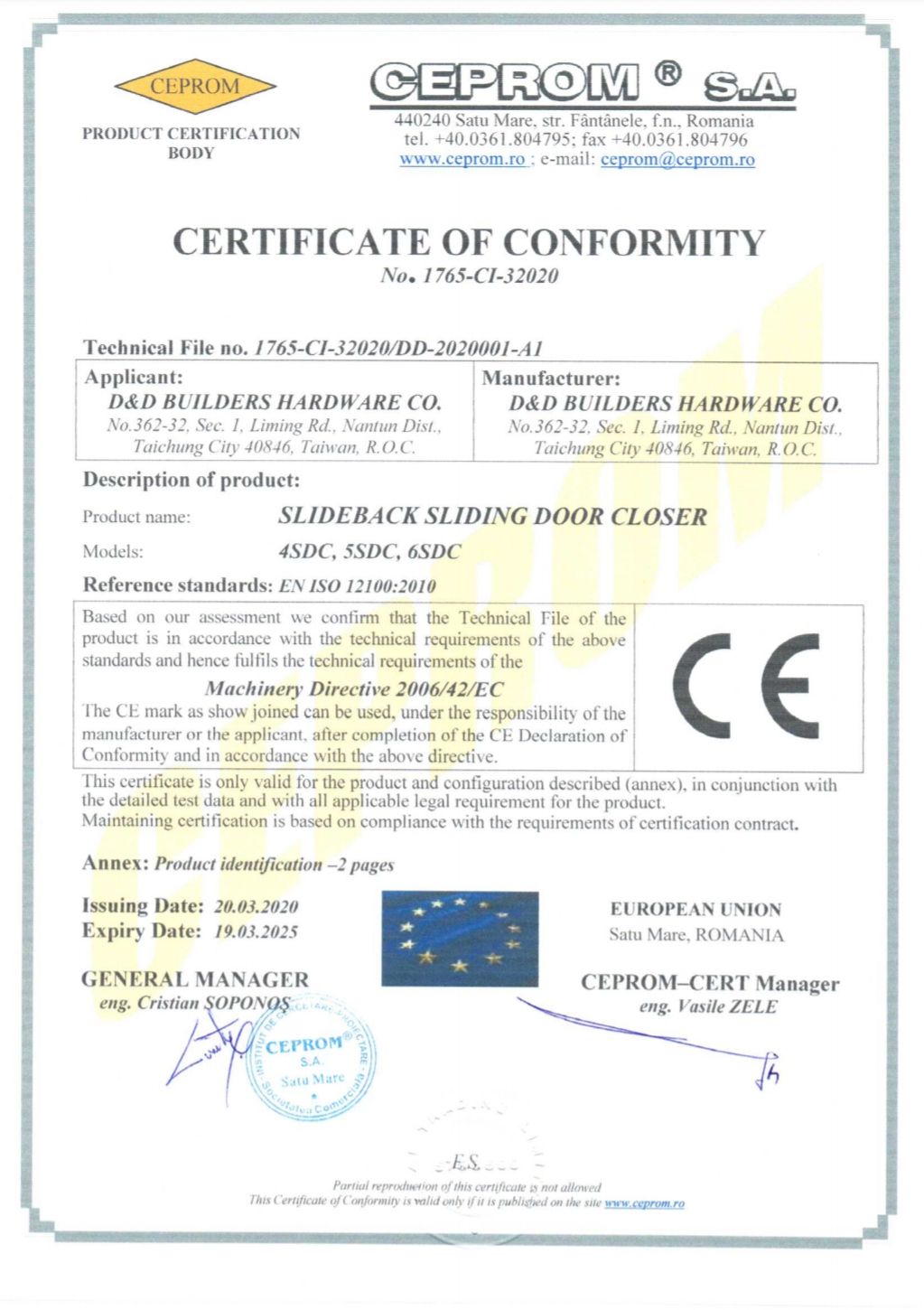 Сертификат CE для доводчика для раздвижных дверей SLIDEback